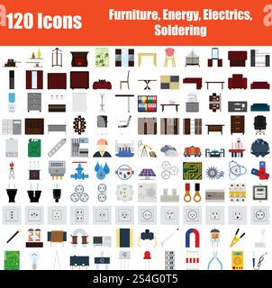 Set of 120 Icons. Furniture, Energy, Electrics, Soldering themes. Color Flat Design. Vector Illustration. Stock Vector
