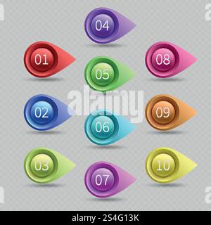 Ten color bullet points with numbers vector collection. Illustration of web bullet point arrow. Ten color bullet points with numbers vector collection Stock Vector