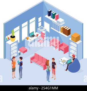 Isometric home office interior. 3d workspace with computer and furniture with people. Interior of isometric office room with table and chair illustration. Isometric home office interior. 3d workspace with computer and furniture with people Stock Vector