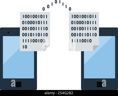 Exchanging Data Icon. Two Smartphones Exchanging Binary Code. Flat color design. Data series. Vector illustration. Stock Vector