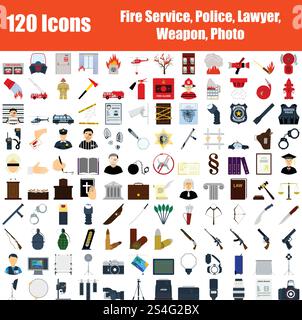 Set of 120 Icons. Fire Service, Police, Lawyer, Weapon, Photo themes. Color Flat Design. Vector Illustration. Stock Vector