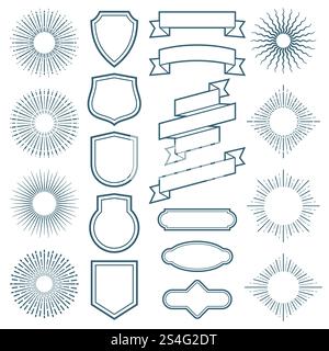 Vintage sunburst frames, ribbon banners and labels vector elements in art deco style. Sunburst and ribbon badge label, vintage ray frame illustration. Vintage sunburst frames, ribbon banners and labels vector elements in art deco style Stock Vector