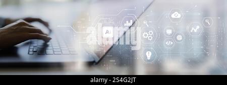 AI and Data Analytics for Innovation and Efficiency on a Wide Banner, Business and Technology Concept. Stock Photo