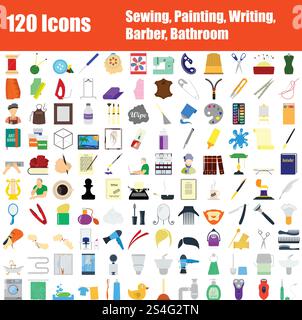 Set of 120 Icons. Sewing, Painting, Writing, Barber, Bathroom themes. Color Flat Design. Vector Illustration. Stock Vector
