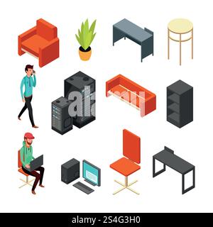 Set of office isometric icons. Computers, server, plant and technical staff. Flat vector illustration server computer for internet network. Set of office isometric icons. Computers, server, plant and technical staff. Flat vector illustration Stock Vector