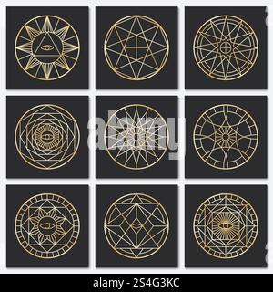 Ancient masonic pentagrams. Steampunk gold sacred vector symbols on dark backgrounds. Mystery circle esoteric symbol, freemasonry geometry spirituality illustration. Ancient masonic pentagrams. Steampunk gold sacred vector symbols on dark backgrounds Stock Vector
