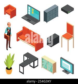 Set of office isometric icons. Sofa, chair, armchair, system unit, router and businessman. Flat vector illustration. Set of office isometric icons. Sofa, chair, armchair, system unit, router Stock Vector