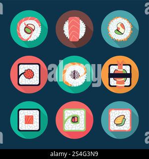 Sushi and rolls vector icons. Longshadow flat illustration on dark background. Sushi and rolls vector icons Stock Vector