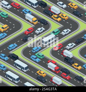 Urban cars seamless texture. Isometric roads and car traffic. Seamless pattern with transport city, vector illustration. Urban cars seamless texture. Isometric roads and car traffic Stock Vector