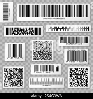 QR codes, bar and packaging labels isolated on transparent background. Qr label for scan, bar code sticker, vector illustration. QR codes, bar and packaging labels isolated on transparent background Stock Vector