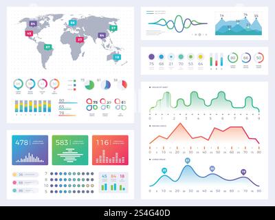 Business infographic elements, flowing graphics, stock market reports and workflow charts vector set. Infographic chart business, report financial market illustration. Business infographic elements, flowing graphics, stock market reports and workflow charts vector set Stock Vector