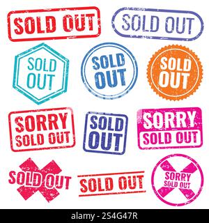 Sold out stamps with grunge texture isolated vector labels set. Colored sold out grunge rubber stamp and imprint illustration. Sold out stamps with grunge texture isolated vector labels set Stock Vector