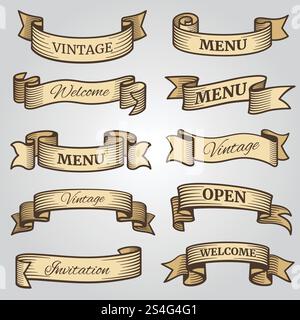 Vintage ribbon banners with engraved shadows vector set. Ribbon flag collection drawing, swirl and twisted invitation and welcome illustration. Vintage ribbon banners with engraved shadows vector set Stock Vector