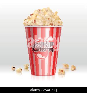 Cinema food popcorn in disposable bowl realistic vector illustration. Popcorn box, snack food in container for cinema. Cinema food popcorn in disposable bowl realistic vector illustration Stock Vector