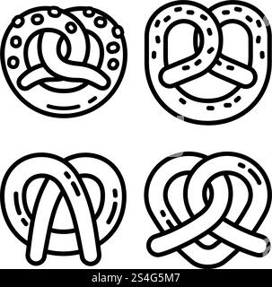 Bavarian pretzel icon set. Outline set of bavarian pretzel vector icons for web design isolated on white background. Bavarian pretzel icon set, outline style Stock Vector