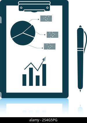 Writing tablet with analytics chart and pen icon. Shadow reflection design. Vector illustration. Stock Vector