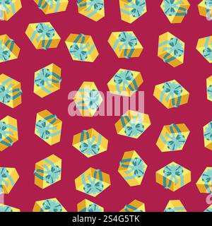 Seamless pattern with gold giftboxes on red background. Flat style vector illustration. Seamless pattern with gold giftboxes. Flat style vector illustration Stock Vector