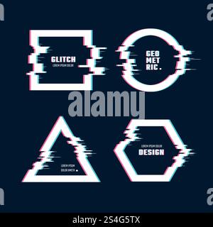 Trendy geometric shapes with glitch distortion effect. Border frames with video glitch lines vector set. Frame effect glitch, digital geometric distortion and destroyed illustration. Trendy geometric shapes with glitch distortion effect. Border frames with video glitch lines vector set Stock Vector
