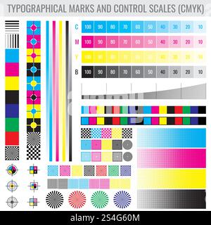 CMYK press print marks and colour tone gradient bars for printer test vector set. Mode of colored tone test illustration. CMYK press print marks and colour tone gradient bars for printer test vector set Stock Vector