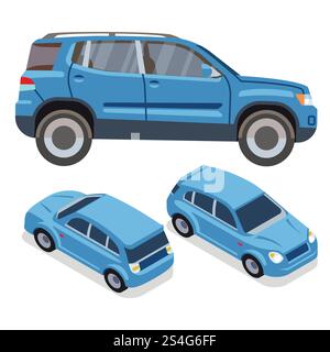 Vector flat-style cars in different views. Blue suv. Car transport blue automobile illustration. Vector flat-style cars in different views. Blue suv Stock Vector