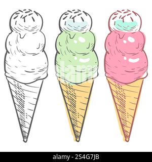 Coloring ice cream samples isolated on white background. Vector illustration. Coloring ice cream Stock Vector