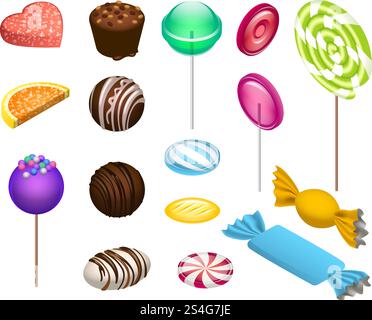 Sweet candy icon set. Isometric set of sweet candy vector icons for web design isolated on white background. Sweet candy icon set, isometric style Stock Vector