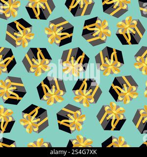 Seamless pattern with black giftboxes on blue background. Flat style vector illustration. Seamless pattern with black giftboxes. Flat style vector illustration Stock Vector