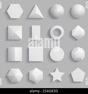 Top view realistic math basic shapes isolated on transparent background. Vector basic geometry shape, square and rectangle, hexagon and triangle illustration. Top view realistic math basic shapes isolated on transparent background Stock Vector