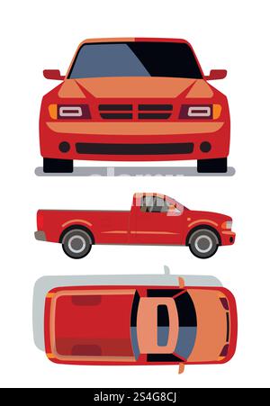 Vector flat-style cars in different views. Orange pickup truck illustration. Vector flat-style cars in different views. Orange pickup truck Stock Vector