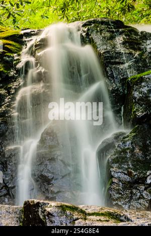 A waterfall is shown in the image, with the water flowing down the side of a rock. The water is misty and he is coming from a small stream. The scene Stock Photo