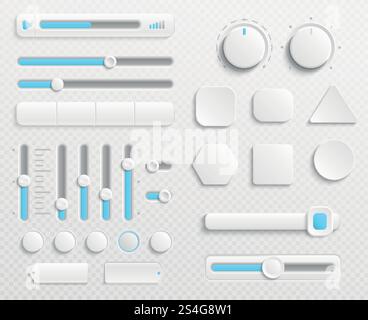 White web buttons and ui sliders vector set isolated on transparent background. Interface for web navigation and ui for video and music control illustration. White web buttons and ui sliders vector set isolated on transparent background Stock Vector