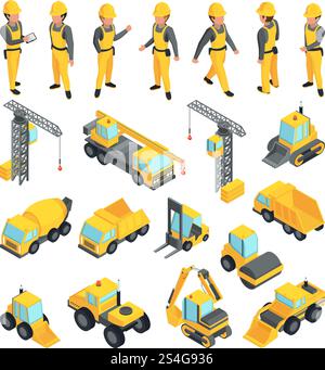 Transport and workers for construction buildings. Vector pictures in isometric style. Building worker and equipment transport illustration. Transport and workers for construction buildings. Vector pictures in isometric style Stock Vector