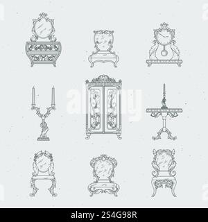 Home antique furniture chairs, dresser, bedside table, mirror. Vector hand drawing illustrations in baroque style. Old furniture, chandelier and clock drawing sketch. Home antique furniture chairs, dresser, bedside table, mirror. Vector hand drawing illustrations in baroque style Stock Vector
