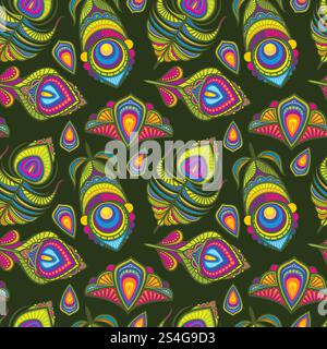 Peacock bird feathers vector indian traditional seamless pattern. Bird feather and bright plumage fluffy illustration. Peacock bird feathers vector indian traditional seamless pattern Stock Vector
