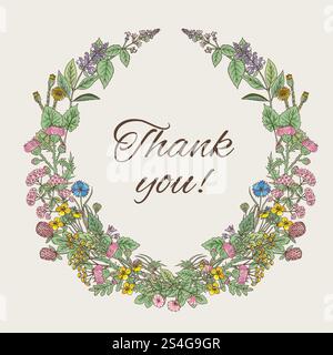 Thank you card. Inscription inside the wreath of hand drawn herbs and flowers. Wreath frame flower for invitation wedding decoration. Vector illustration. Thank you card. Inscription inside the wreath of hand drawn herbs and flowers Stock Vector