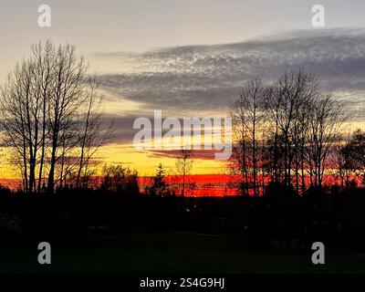 Dramatic autumn sunset sky in Finland, blending deep red and orange hues with silhouetted trees for a striking seasonal scene Stock Photo