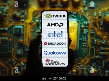 Chip Manufacturing Leaders - Intel, AMD, Nvidia, Broadcom, Qualcomm Stock Photo
