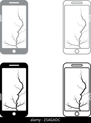 Smartphone with crack on display Broken modern mobile phone Shattered smartphone screen Phone with broken matrix of screen Cell phone with cracked touch screen in bottom Broken glass telephone icon set black grey color vector illustration flat style simple image Stock Vector