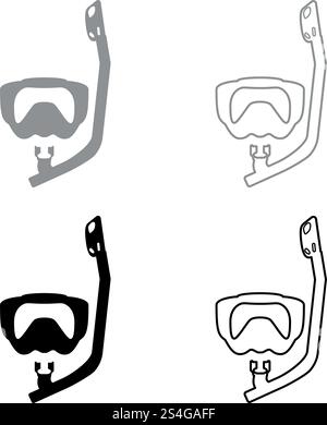 Diving mask with breathing tube Diving snorkel Equipments for swimming Snorkeling concept Swimming equipment icon set black grey color vector illustration flat style simple image Stock Vector