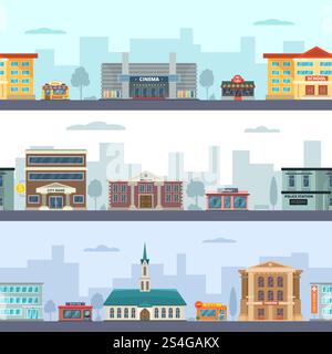Horizontal seamless pattern of urban landscapes with municipal buildings and different commercial shops and market places. Urban building bank and cinema, museum and pizza. Vector illustration. Horizontal seamless pattern of urban landscapes with municipal buildings and different commercial shops and market places Stock Vector