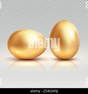 Golden eggs realistic vector illustration for easter greeting card. Gold egg and realistic yellow bright of set. Golden eggs realistic vector illustration for easter greeting card Stock Vector
