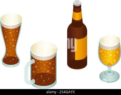 Beer icon set. Isometric set of beer vector icons for web design isolated on white background. Beer icon set, isometric style Stock Vector