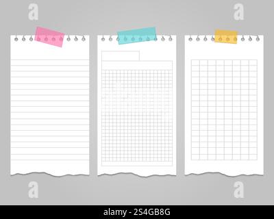Ripped lined notebook pages templates for notes or memo. Vector illustration. Ripped lined notebook pages templates for notes or memo Stock Vector