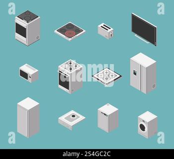 Domestic and kitchen appliances isometric vector icons set. Kitchen domestic cooker and electric oven refrigerator illustration. Domestic and kitchen appliances isometric vector icons set Stock Vector