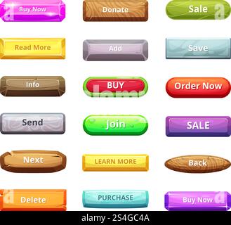 Cartoon buttons for web market and other internet projects. Button interface menu buy now, delete, back and learn more. Vector illustration. Cartoon buttons for web market and other internet projects Stock Vector