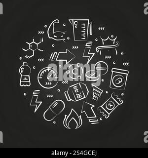 Sport supplements power, protein and vitamins line icons on blackboard. Vector illustration. Sport supplements power, protein and vitamins Stock Vector