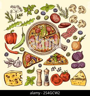 Slices of pizza with cheeses, olives and other ingredients. Vector hand drawn illustrations italian pizza ingredient, vegetable mushroom and garlic. Slices of pizza with cheeses, olives and other ingredients. Vector hand drawn illustrations Stock Vector