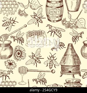 Vector seamless pattern with honey, bees and honeycomb, Illustration of background with honey and bee insect. Vector seamless pattern with honey, bees and honeycomb Stock Vector