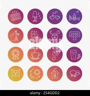 Insomnia problems linear icons on bright rounds isolated on white. Vector illustration. Insomnia problems linear icons Stock Vector