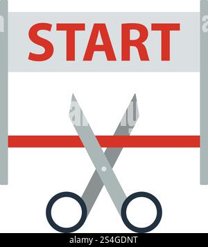 Scissors Cutting Tape Between Start Gate Icon. Flat color design. Startup series. Vector illustration. Stock Vector